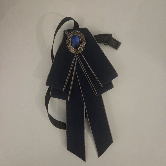 Blue Ribbon Bow Tie Brooch with Gemstone - Picture 2 of 2